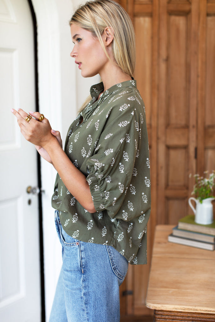 Mandarin Collar Top: Marguerite 2 Gothic Olive