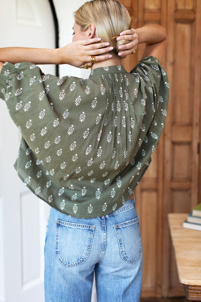 Mandarin Collar Top: Marguerite 2 Gothic Olive