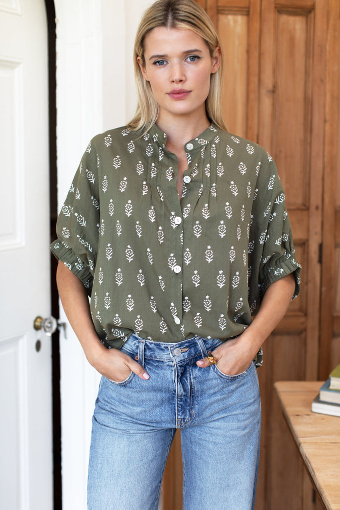 Mandarin Collar Top: Marguerite 2 Gothic Olive