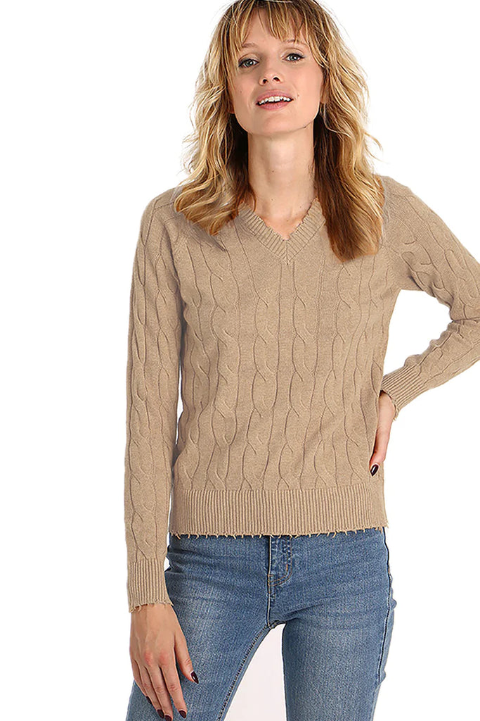 Minnie Rose Cotton Cable Distressed V-Neck: Camel