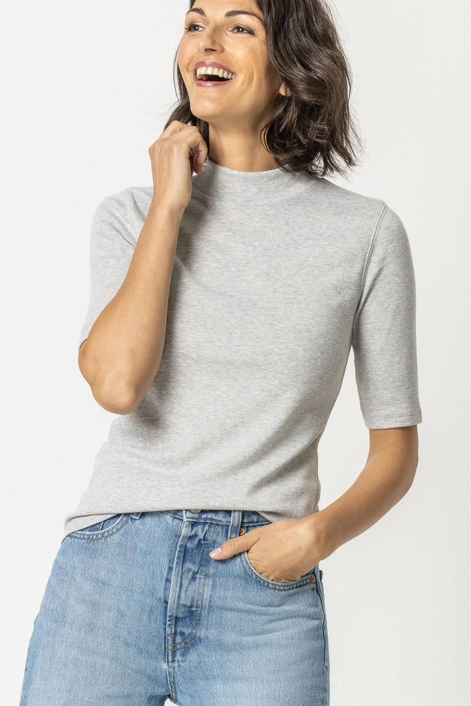Lilla P. Elbow Sleeve Mock Neck: Heather Grey